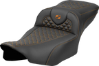 SADDLEMEN Roadsofa™ Extended Reach Seat - Dragon Scale Stitch - Orange Stitch - w/o Backrest - FLT/FLH '23-'24