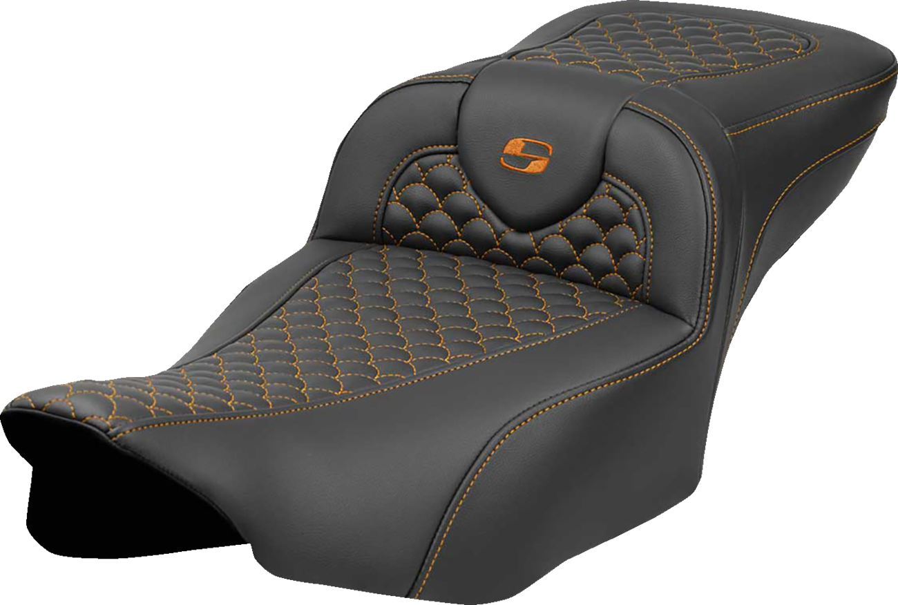 SADDLEMEN Roadsofa™ Extended Reach Seat - Dragon Scale Stitch - Orange Stitch - w/o Backrest - FLT/FLH '23-'24