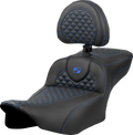SADDLEMEN Roadsofa™ Extended Reach Seat - Dragon Scale Stitch - Blue Stitch - w/ Backrest - FLTR/FLHX '23-'24