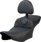 SADDLEMEN Roadsofa™ Extended Reach Seat - Dragon Scale Stitch - Blue Stitch - w/ Backrest - FLTR/FLHX '23-'24
