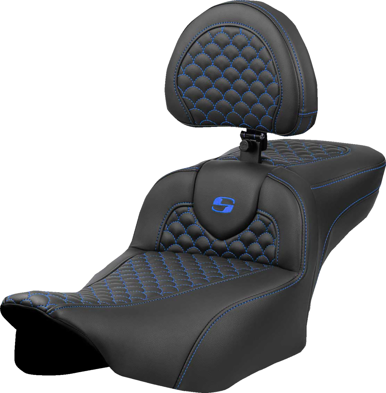 SADDLEMEN Roadsofa™ Extended Reach Seat - Dragon Scale Stitch - Blue Stitch - w/ Backrest - FLTR/FLHX '23-'24