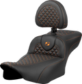 SADDLEMEN Roadsofa™ Extended Reach Seat - Dragon Scale Stitch - Orange Stitch - w/ Backrest - FLT/FLH '23-'24