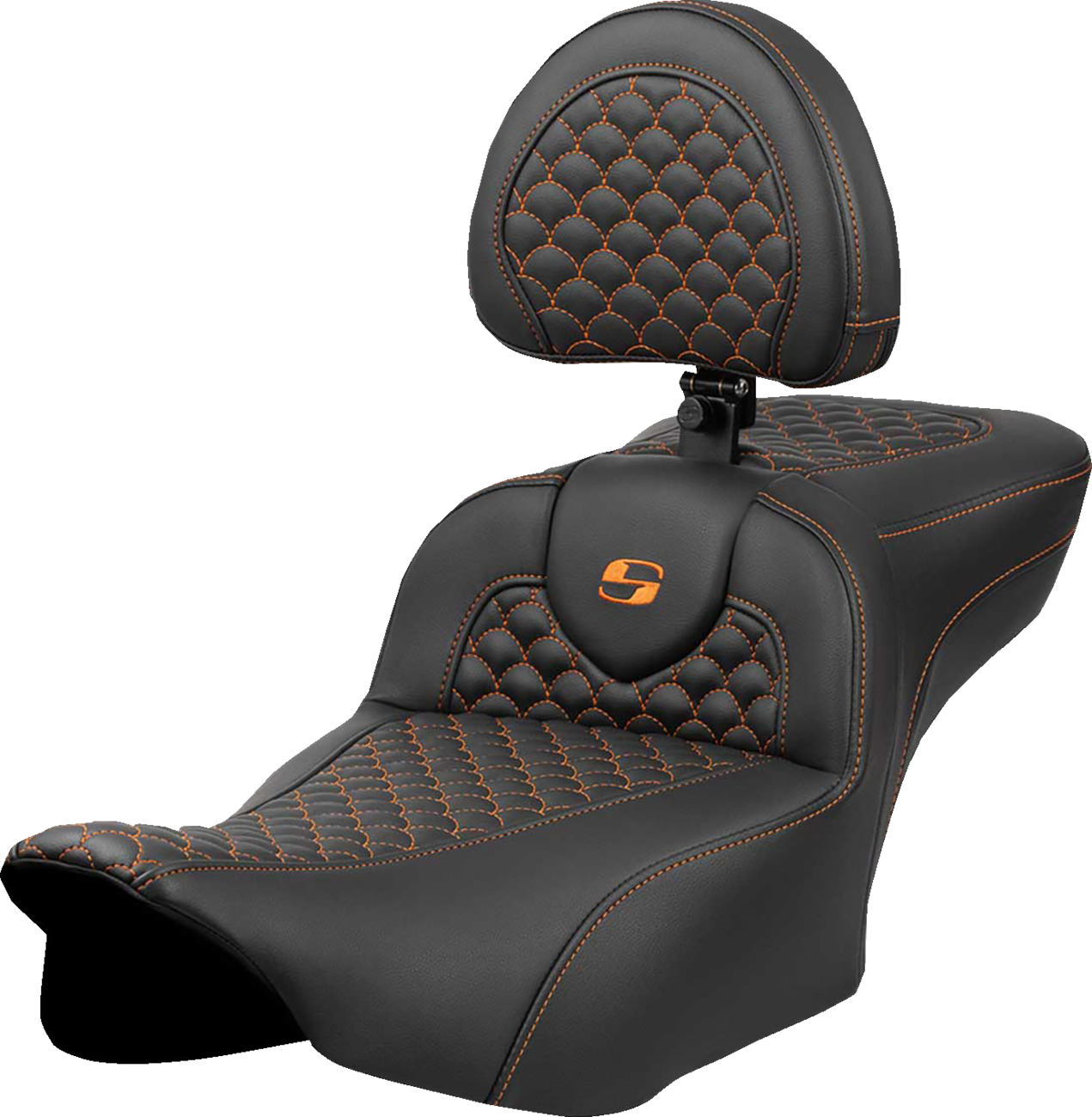 SADDLEMEN Roadsofa™ Extended Reach Seat - Dragon Scale Stitch - Orange Stitch - w/ Backrest - FLT/FLH '23-'24