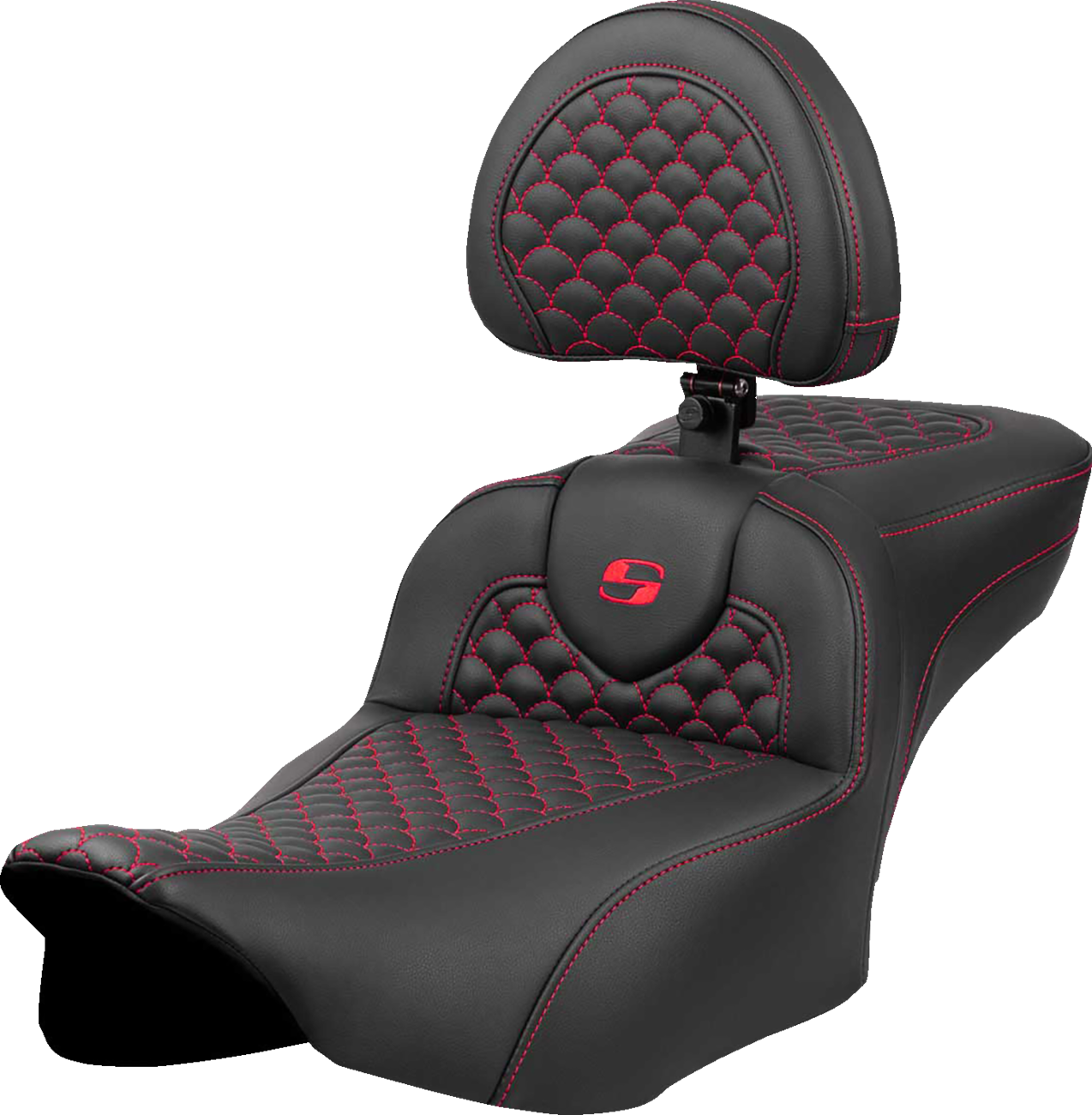 SADDLEMEN Roadsofa™ Extended Reach Seat - Dragon Scale Stitch - Red Stitch - w/ Backrest - FLTR/FLHX '23-'24