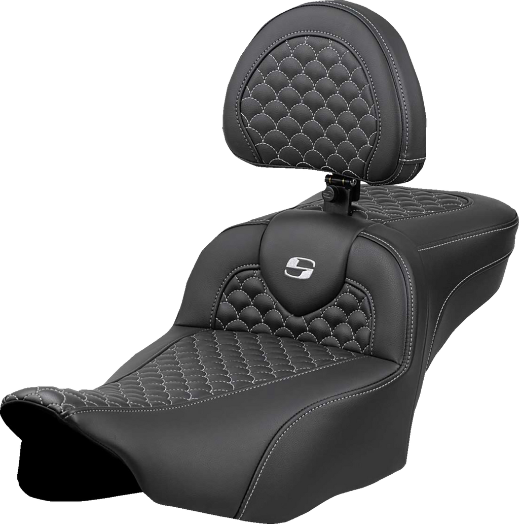 SADDLEMEN Roadsofa™ Extended Reach Seat - Dragon Scale Stitch - Silver Stitch - w/ Backrest - FLT/FLH '23-'24