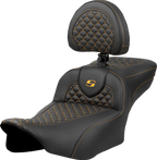 SADDLEMEN Roadsofa™ Extended Reach Seat - Dragon Scale Stitch - Gold Stitch - w/ Backrest - FLTR/FLHX '23-'24