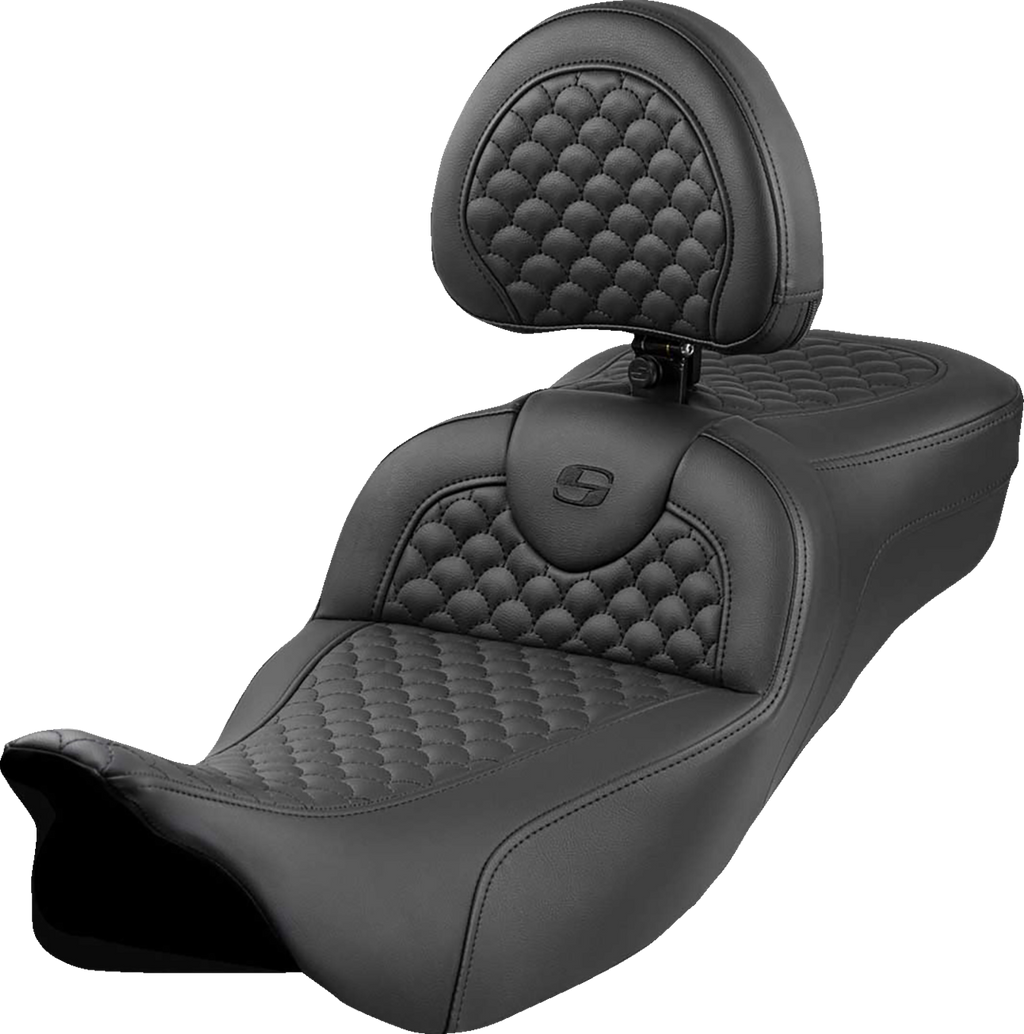 SADDLEMEN Roadsofa™ Extended Reach Seat - Dragon Scale Stitch - Black Stitch - w/ Backrest - FLH/FLT '08-'24
