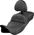 SADDLEMEN Roadsofa™ Extended Reach Seat - Dragon Scale Stitch - Black Stitch - w/ Backrest - FLH/FLT '08-'24