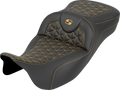 SADDLEMEN RoadSofa™ Tri Gripper Seat - Extended Reach - Gold Stitch - w/o Backrest - FLH/FLT '08-'25