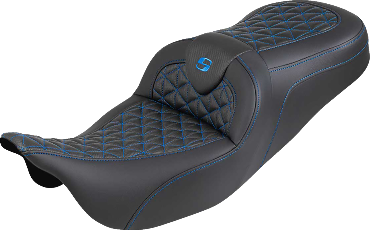 SADDLEMEN RoadSofa™ Tri Gripper Seat - Standard Reach - Blue Stitch - w/o Backrest - FLH/FLT '08-'25