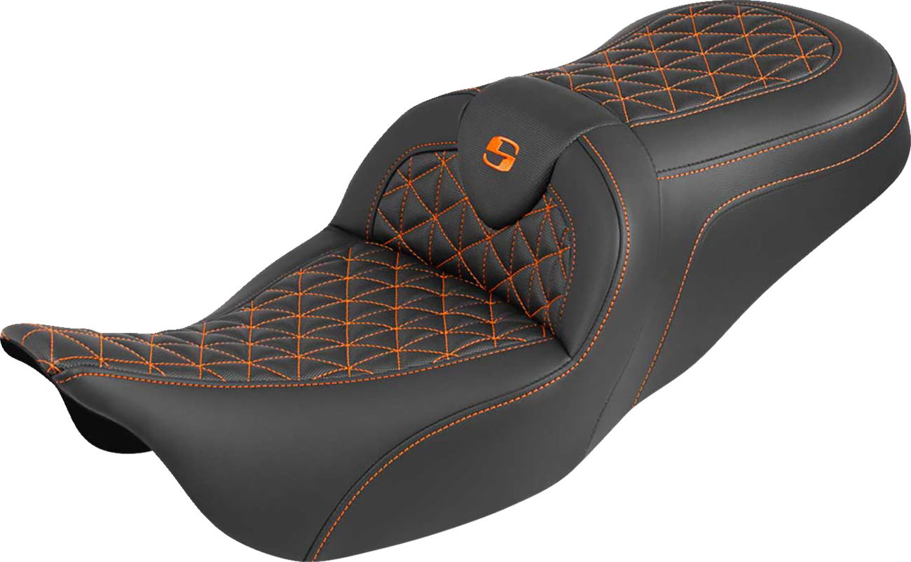 SADDLEMEN RoadSofa™ Tri Gripper Seat - Standard Reach - Orange Stitch - w/o Backrest - FLH/FLT '08-'25