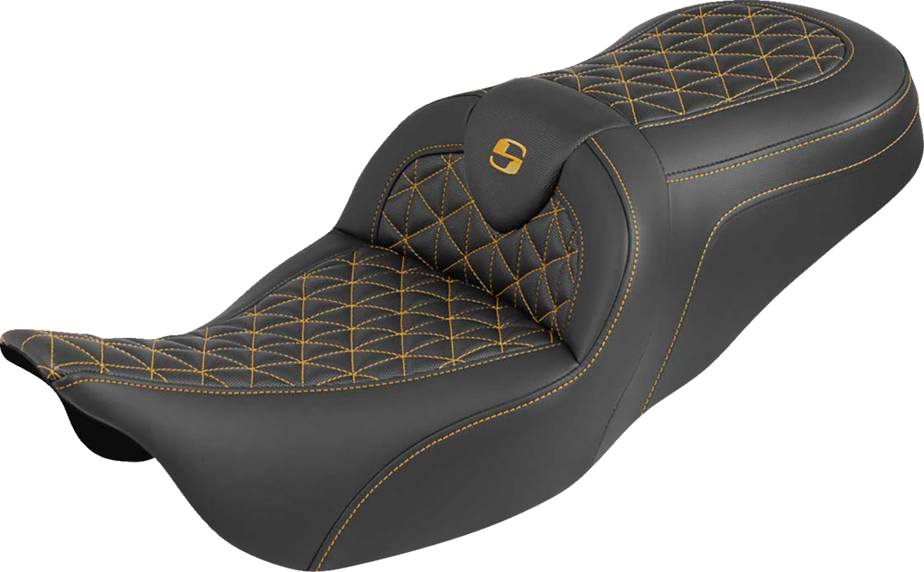 SADDLEMEN RoadSofa™ Tri Gripper Seat - Standard Reach - Gold Stitch - w/o Backrest - FLH/FLT '08-'25