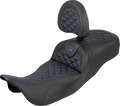 SADDLEMEN RoadSofa™ Tri Gripper Seat - Extended Reach - Blue Stitch - w/ Backrest - FLH/FLT '08-'25