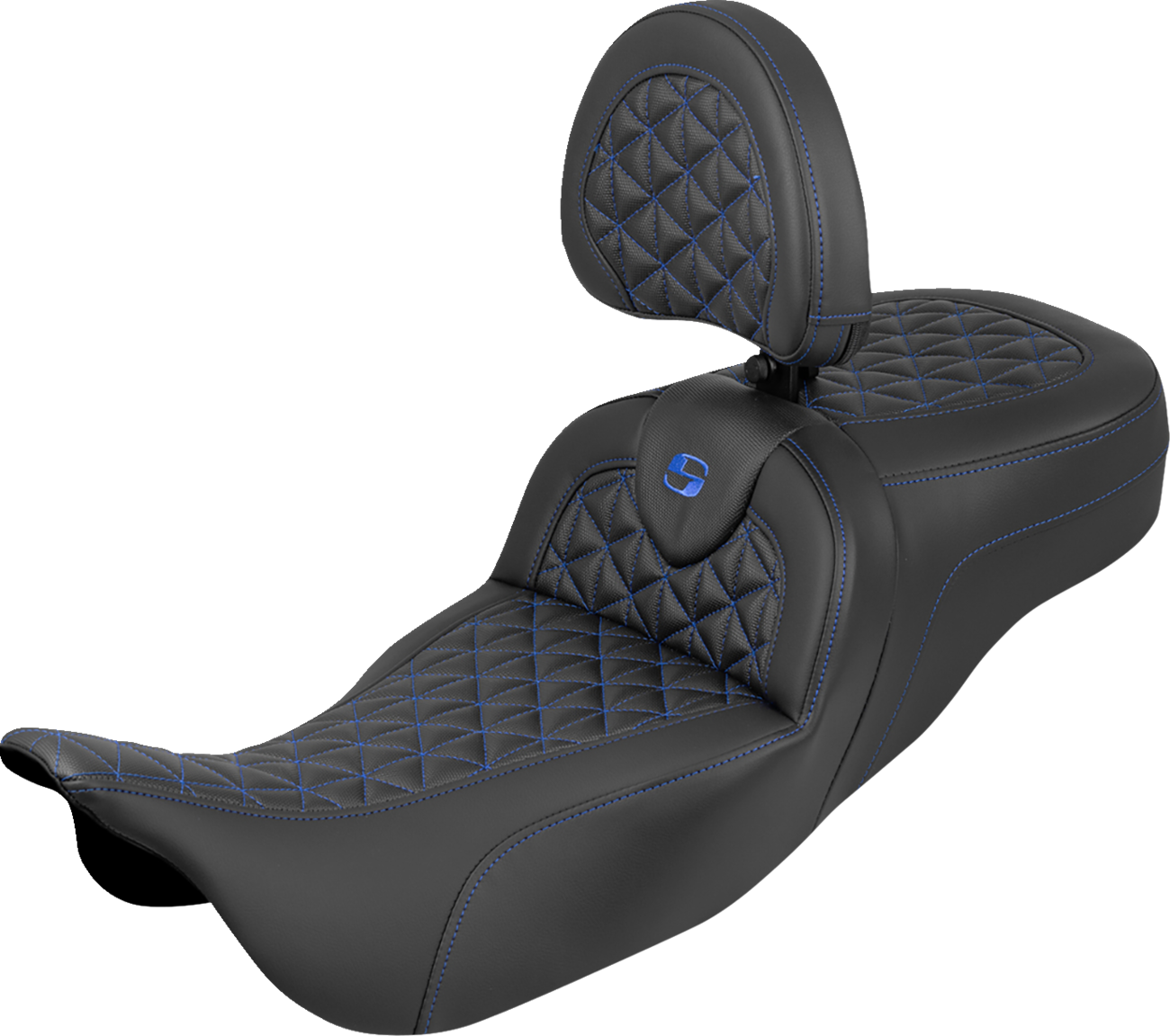 SADDLEMEN RoadSofa™ Tri Gripper Seat - Extended Reach - Blue Stitch - w/ Backrest - FLH/FLT '08-'25