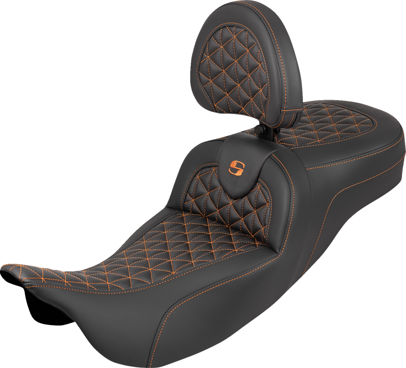 SADDLEMEN RoadSofa™ Tri Gripper Seat - Extended Reach - Orange Stitch - w/ Backrest - FLH/FLT '08-'25