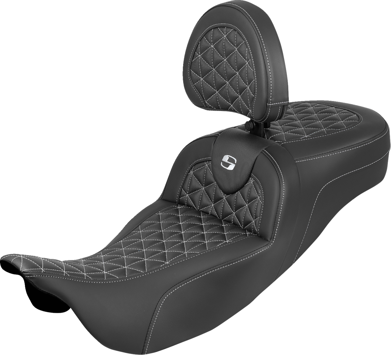 SADDLEMEN RoadSofa™ Tri Gripper Seat - Extended Reach - White Stitch - w/ Backrest - FLH/FLT '08-'25