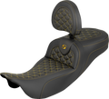 SADDLEMEN RoadSofa™ Tri Gripper Seat - Standard Reach - Gold Stitch - w/ Backrest - FLH/FLT '08-'25