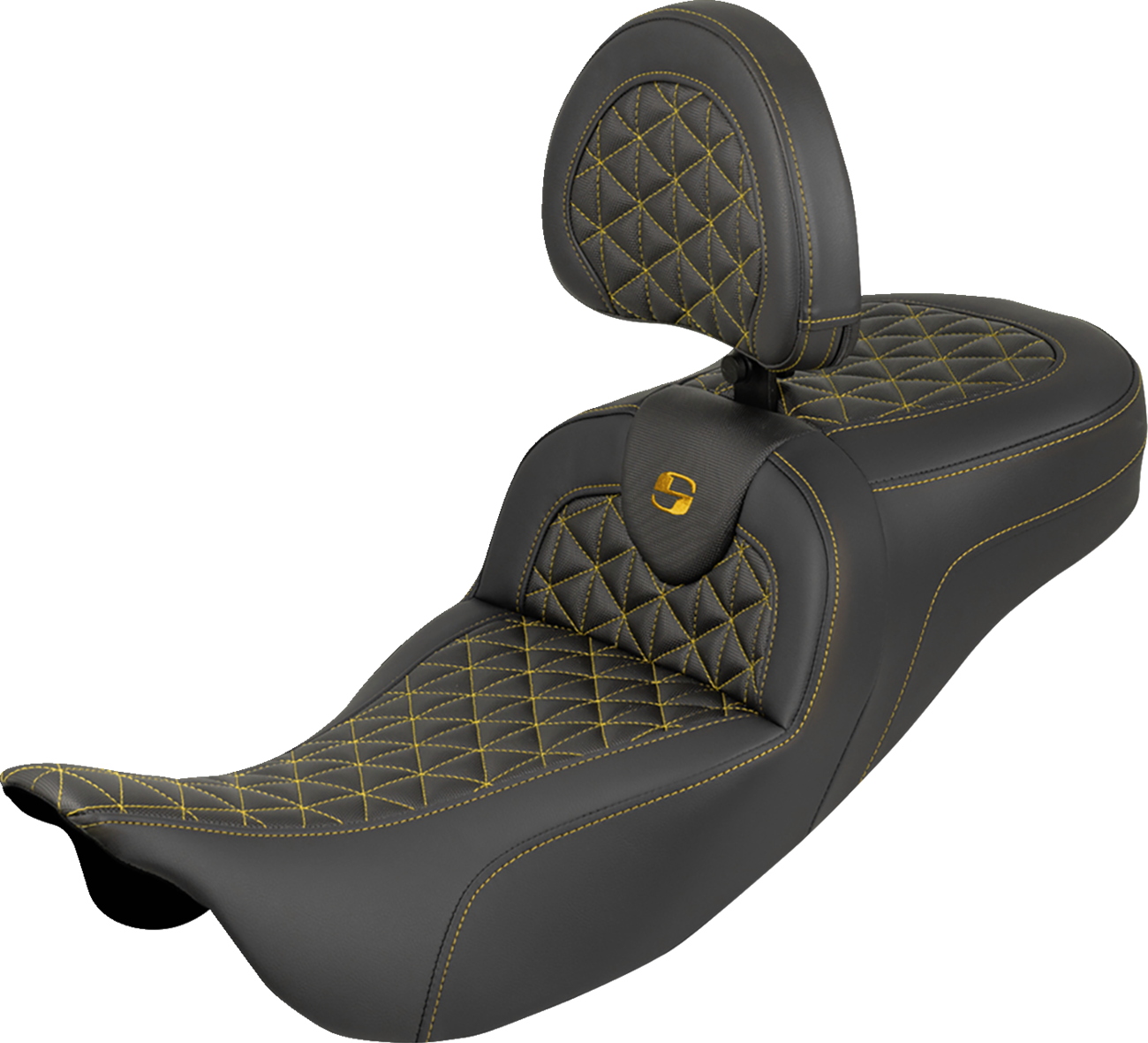 SADDLEMEN RoadSofa™ Tri Gripper Seat - Standard Reach - Gold Stitch - w/ Backrest - FLH/FLT '08-'25
