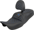 SADDLEMEN RoadSofa™ Tri Gripper Seat - Standard Reach - Blue Stitch - w/ Backrest - FLH/FLT '08-'25