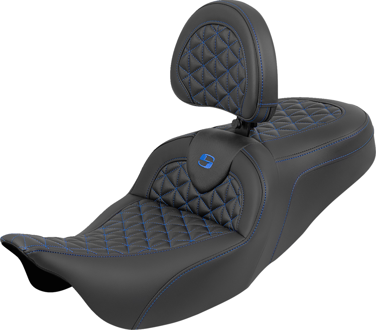 SADDLEMEN RoadSofa™ Tri Gripper Seat - Standard Reach - Blue Stitch - w/ Backrest - FLH/FLT '08-'25