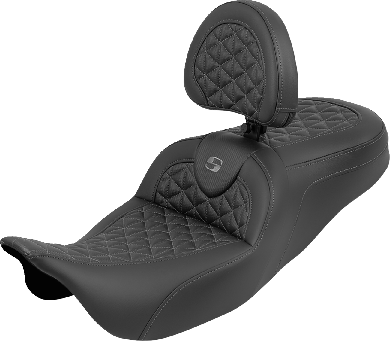 SADDLEMEN RoadSofa™ Tri Gripper Seat - Standard Reach - Gray Stitch - w/ Backrest - FLH/FLT '08-'25