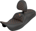SADDLEMEN RoadSofa™ Tri Gripper Seat - Standard Reach - Orange Stitch - w/ Backrest - FLH/FLT '08-'25