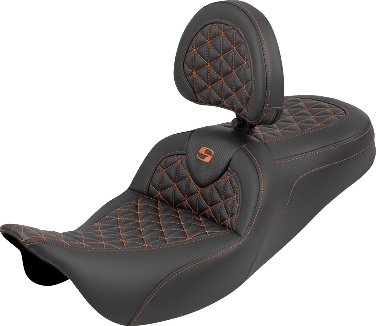 SADDLEMEN RoadSofa™ Tri Gripper Seat - Standard Reach - Orange Stitch - w/ Backrest - FLH/FLT '08-'25