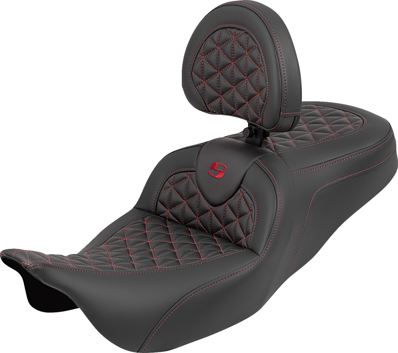 SADDLEMEN RoadSofa™ Tri Gripper Seat - Standard Reach - Red Stitch - w/ Backrest - FLH/FLT '08-'25