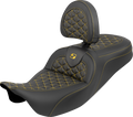 SADDLEMEN RoadSofa™ Tri Gripper Seat - Standard Reach - Gold Stitch - w/ Backrest - FLH/FLT '08-'25