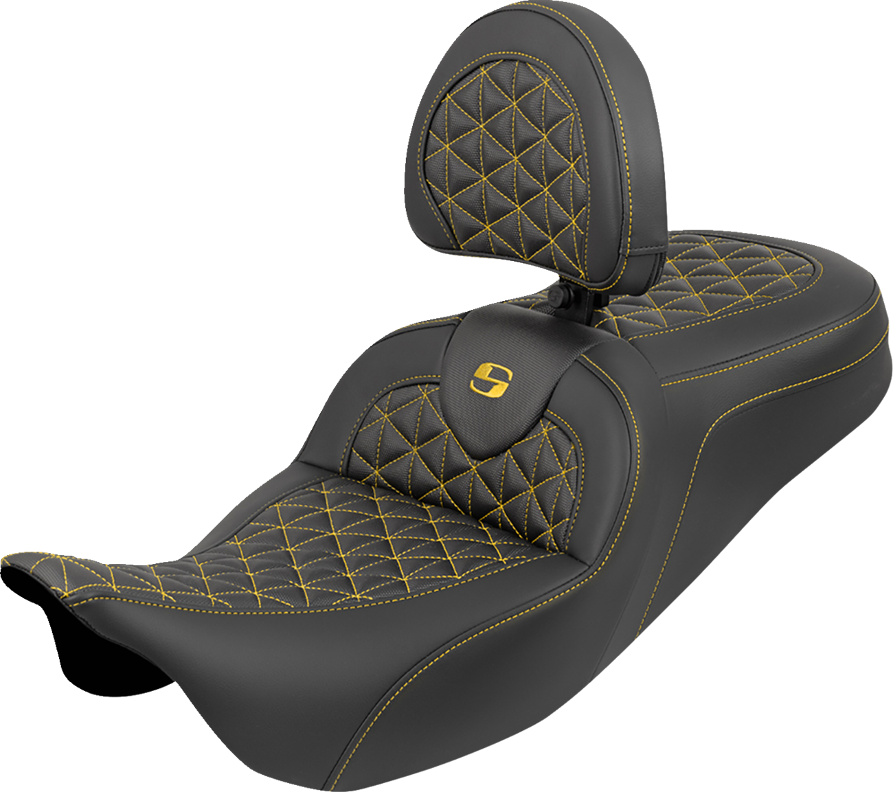 SADDLEMEN RoadSofa™ Tri Gripper Seat - Standard Reach - Gold Stitch - w/ Backrest - FLH/FLT '08-'25