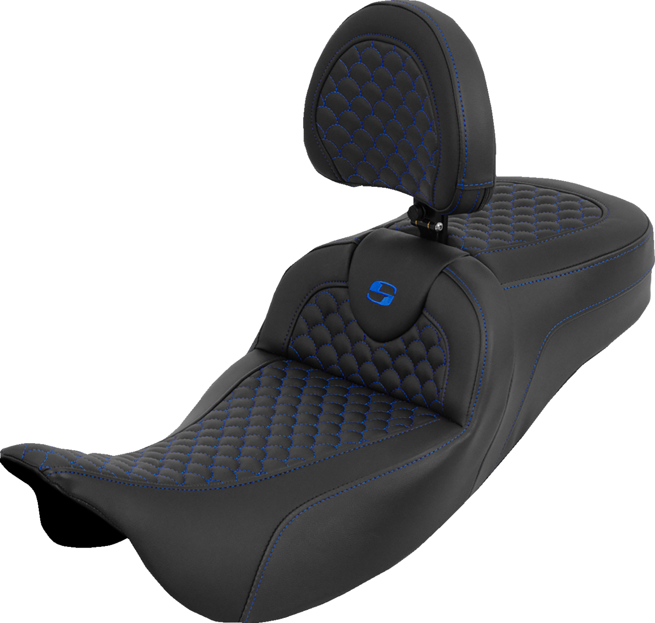 SADDLEMEN Extended Reach Roadsofa™ Seat - Dragon Scale - Blue Stitch - with Backrest - Touring '08-'25