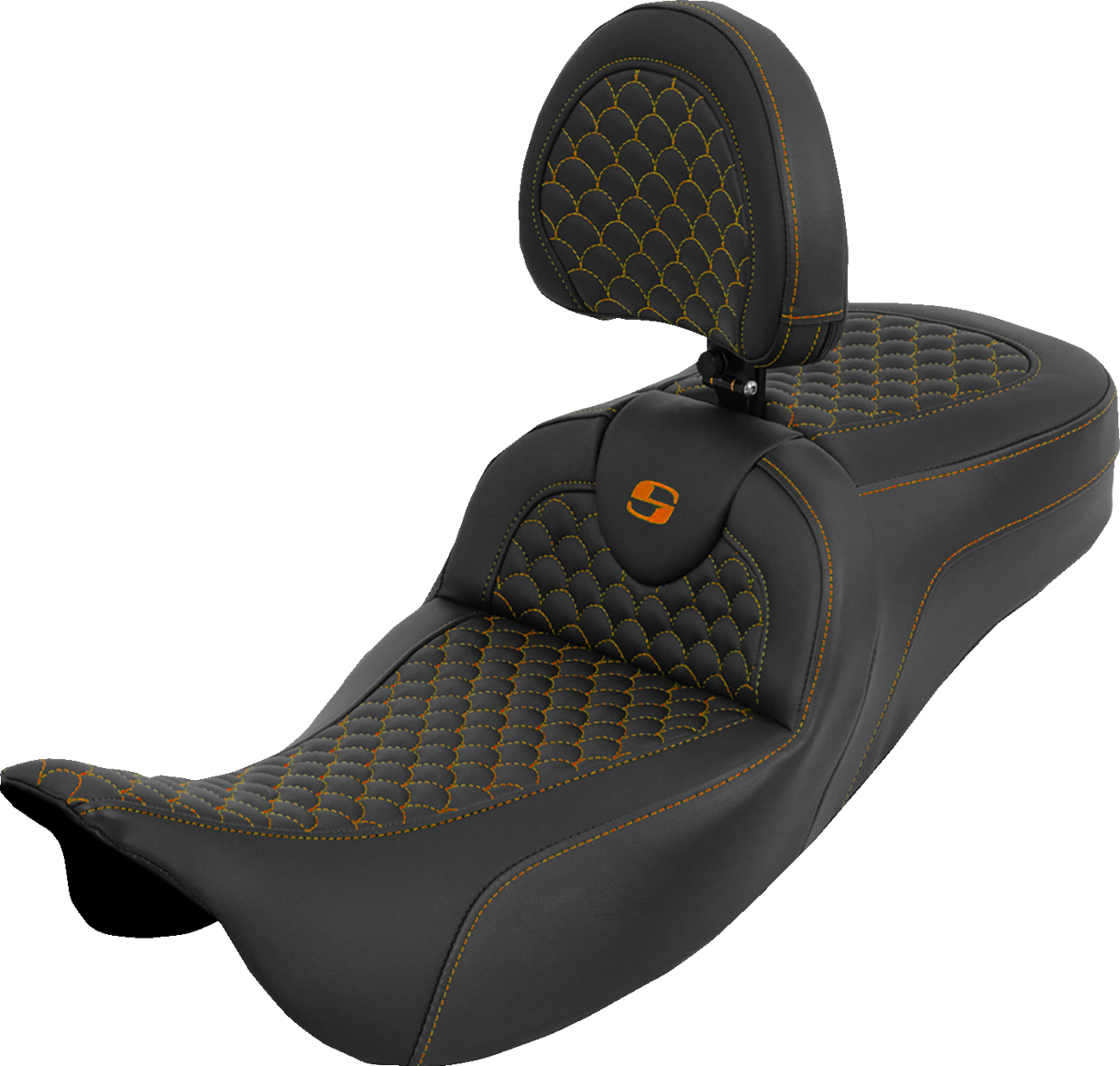 SADDLEMEN Extended Reach Roadsofa™ Seat - Dragon Scale - Orange Stitch - with Backrest - Touring '08-'25
