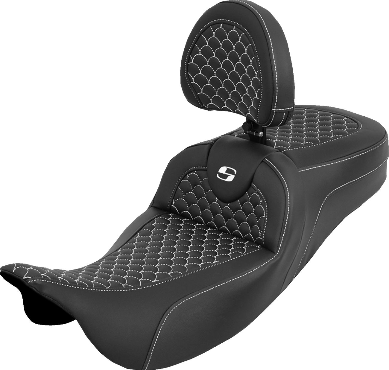 SADDLEMEN Extended Reach Roadsofa™ Seat - Dragon Scale - White Stitch - with Backrest - Touring '08-'25