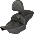SADDLEMEN RoadSofa™ Seat - with Backrest - Lattice Stitch - Gold Stitch - FLH/FLT '23-'26