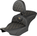 SADDLEMEN Extended Reach RoadSofa™ Seat - with Backrest - Lattice Stitch - Gold Stitch - FLH/FLT '23-'26