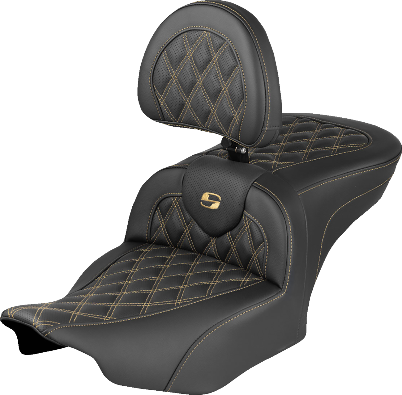 SADDLEMEN Extended Reach RoadSofa™ Seat - with Backrest - Lattice Stitch - Gold Stitch - FLH/FLT '23-'26