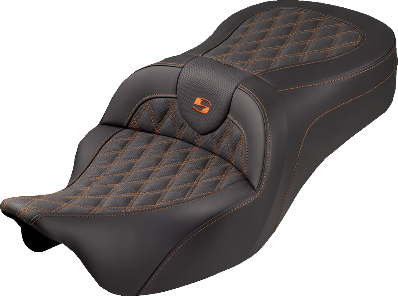 SADDLEMEN Roadsofa™ King Seat - No Backrest - Lattice Stitch - Orange Stitch - FLH/FLT '08-'25