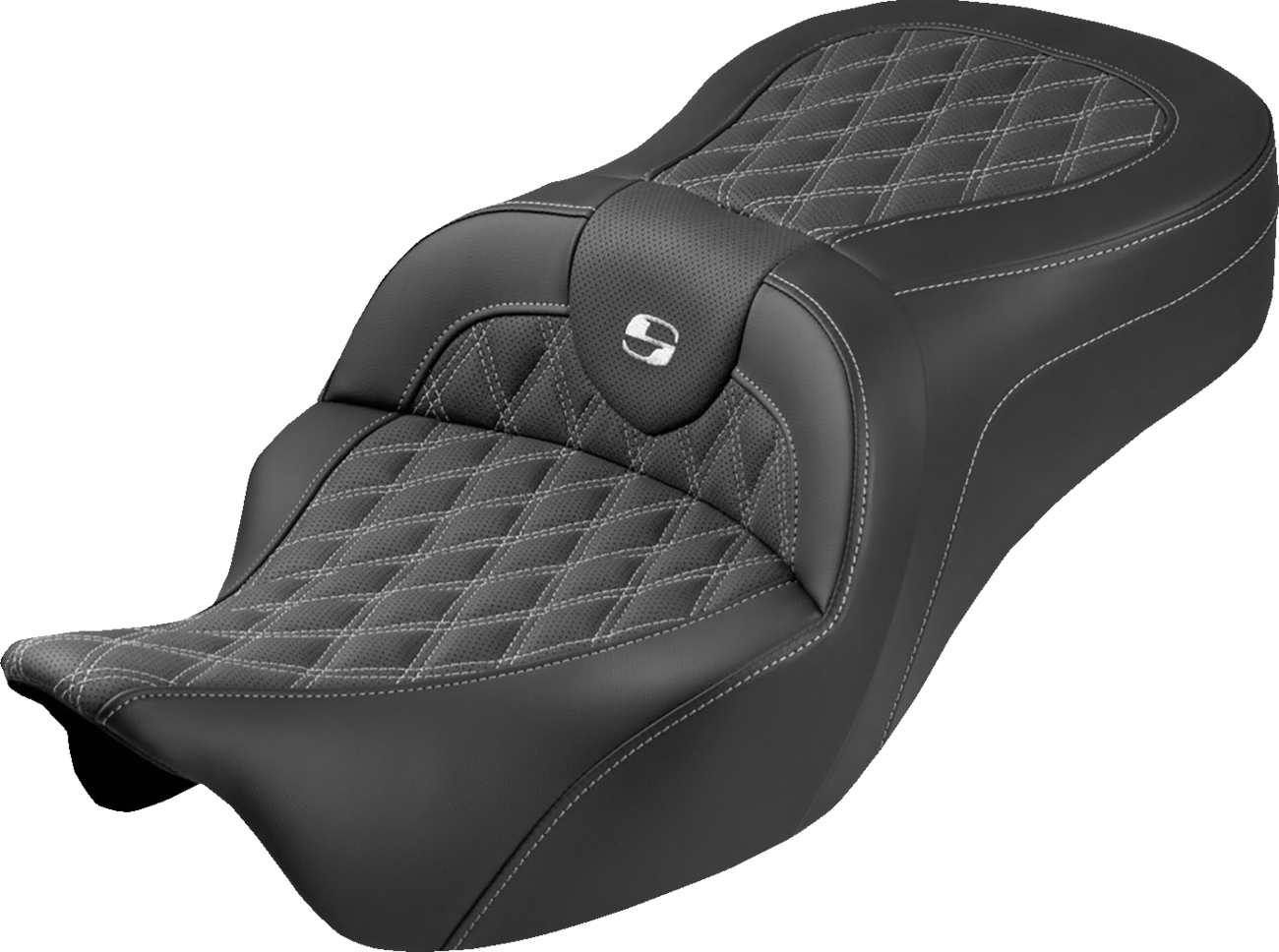 SADDLEMEN Roadsofa™ King Seat - No Backrest - Lattice Stitch - White Stitch - FLH/FLT '08-'25