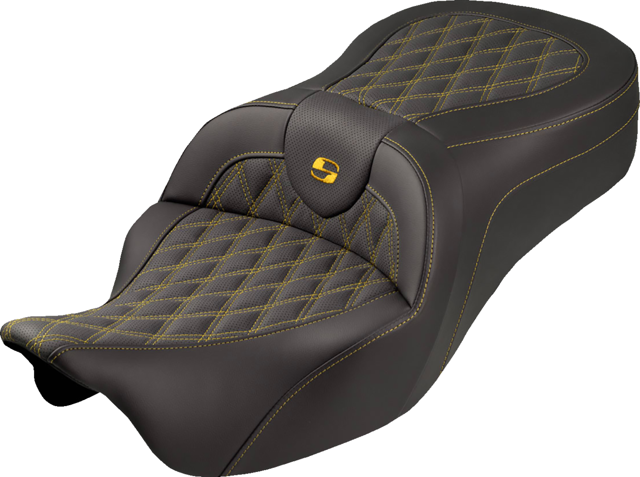 SADDLEMEN Roadsofa™ King Seat - No Backrest - Lattice Stitch - Gold Stitch - FLH/FLT '08-'25