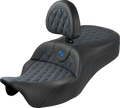 SADDLEMEN Roadsofa™ King Seat - With Backrest - Lattice Stitch - Blue Stitch - FLH/FLT '08-'25