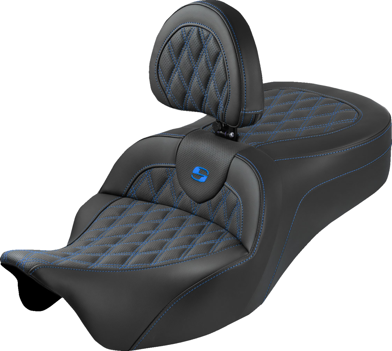 SADDLEMEN Roadsofa™ King Seat - With Backrest - Lattice Stitch - Blue Stitch - FLH/FLT '08-'25