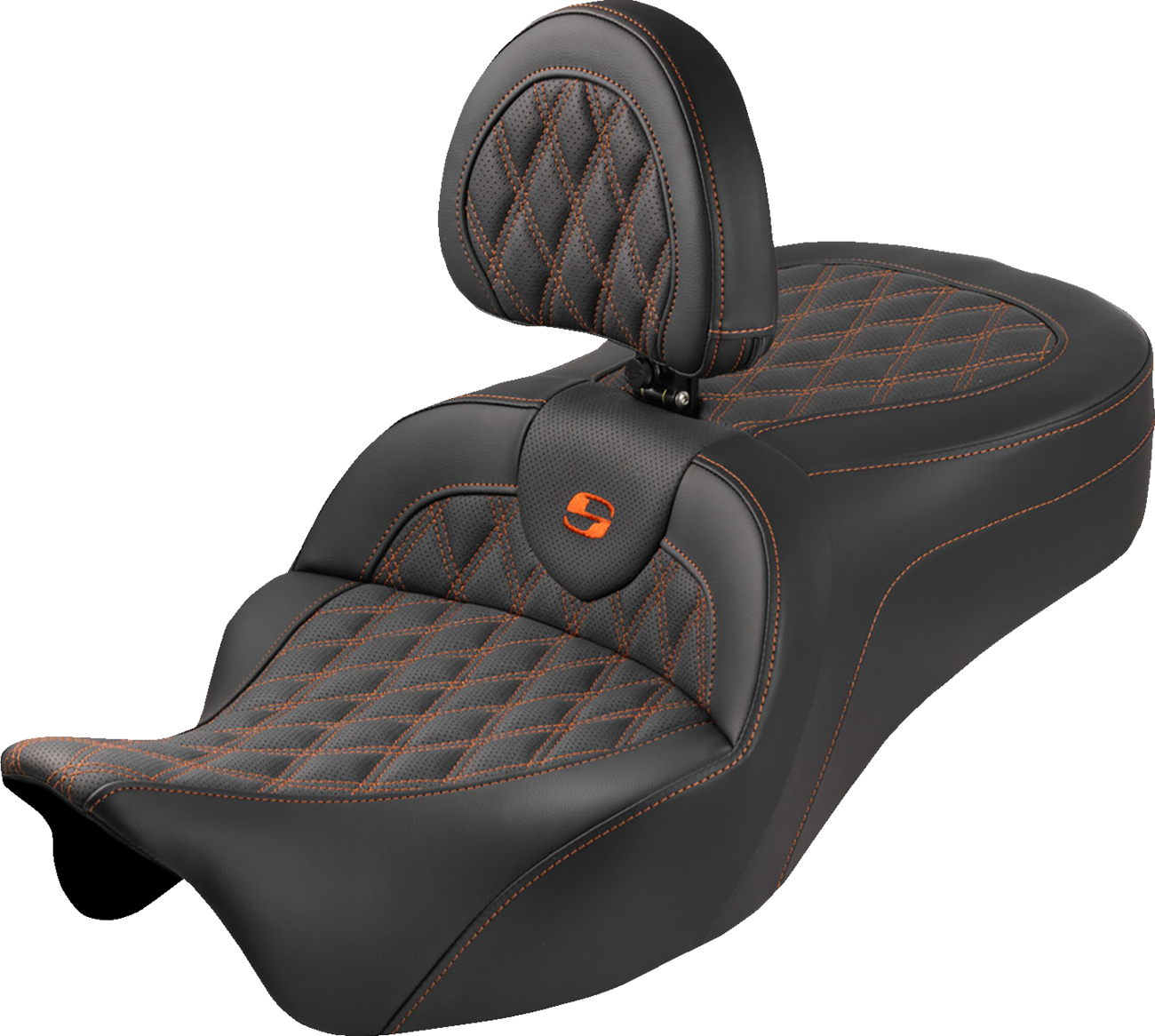 SADDLEMEN Roadsofa™ King Seat - With Backrest - Lattice Stitch - Orange Stitch - FLH/FLT '08-'25