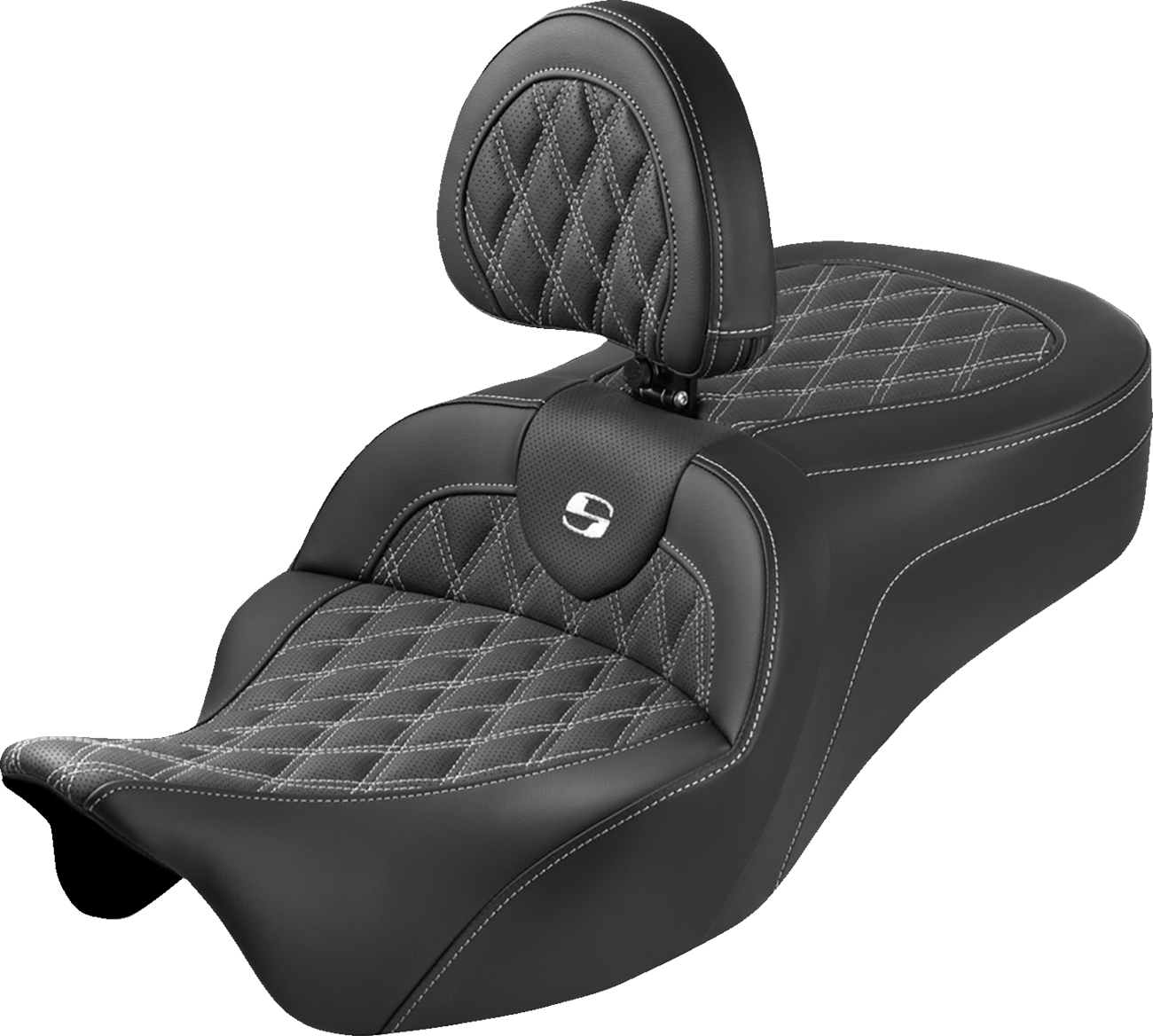 SADDLEMEN Roadsofa™ King Seat - With Backrest - Lattice Stitch - White Stitch - FLH/FLT '08-'25