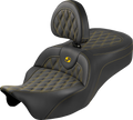 SADDLEMEN Roadsofa™ King Seat - With Backrest - Lattice Stitch - Gold Stitch - FLH/FLT '08-'25