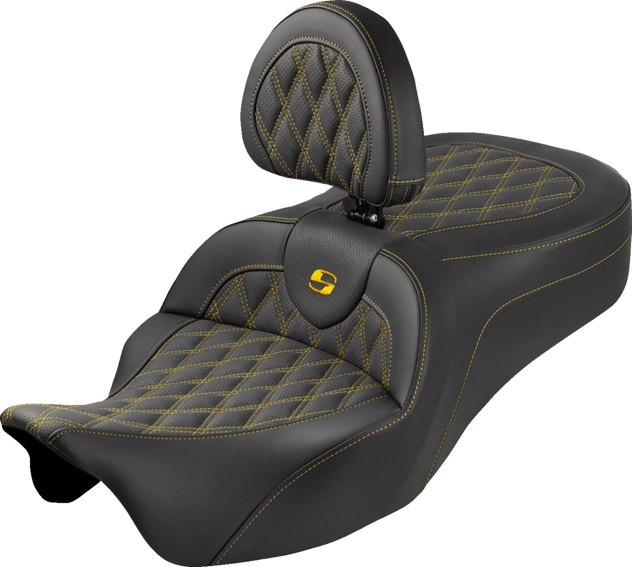 SADDLEMEN Roadsofa™ King Seat - With Backrest - Lattice Stitch - Gold Stitch - FLH/FLT '08-'25