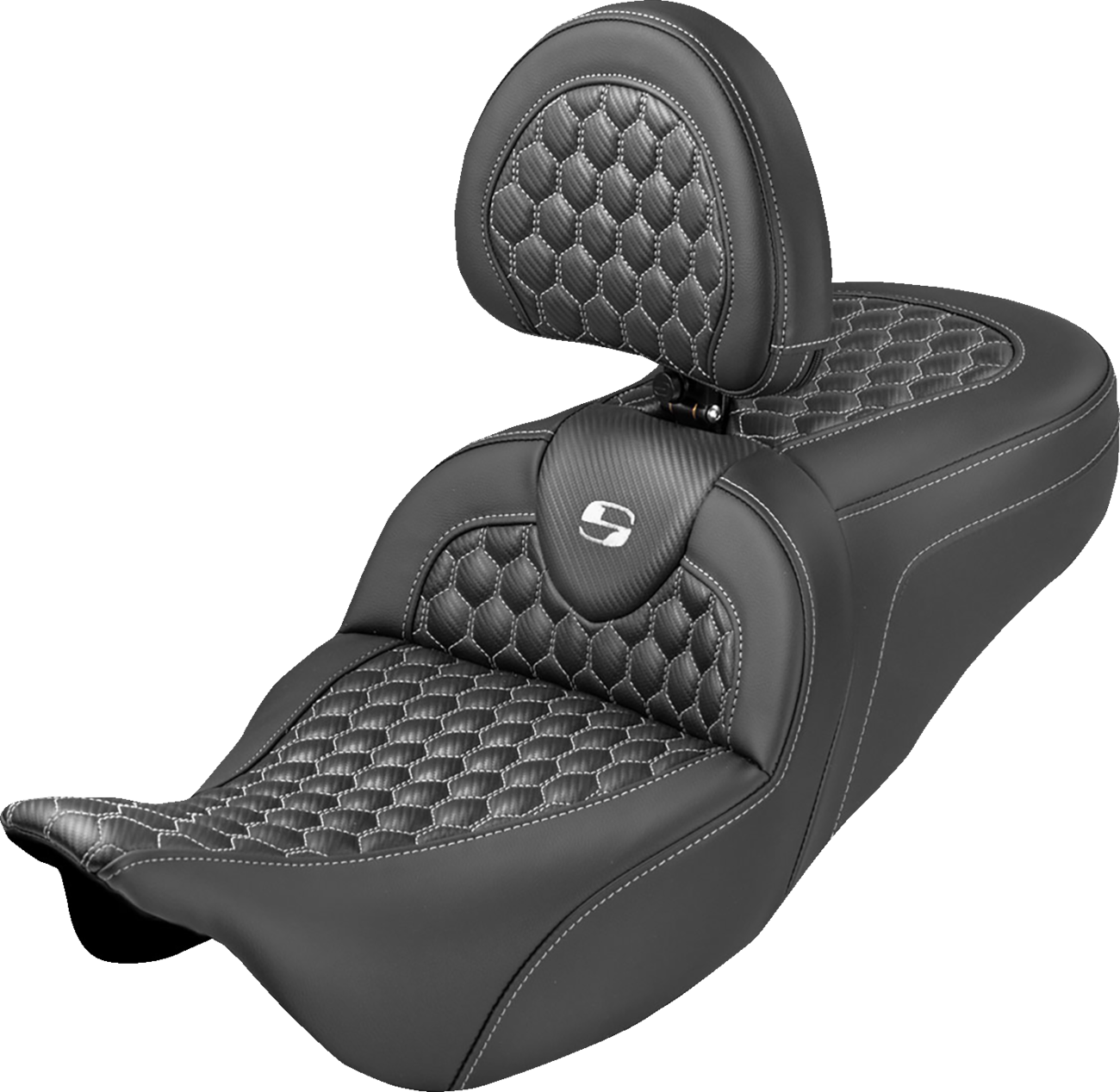 SADDLEMEN Extended Reach RoadSofa™ Seat - Honeycomb - White Stitch - with Backrest - FLH/FLT '08-'25