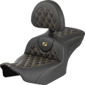 SADDLEMEN Roadsofa™ Seat - Carbon Fiber - with Backrest - Gold Lattice Stitch - FLH/FLT '23-'25