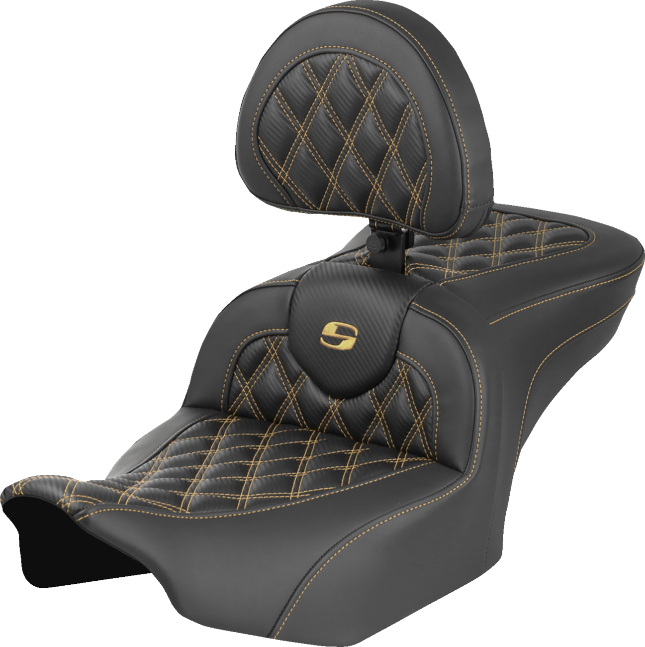 SADDLEMEN Roadsofa™ Seat - Carbon Fiber - with Backrest - Gold Lattice Stitch - FLH/FLT '23-'25