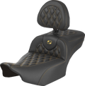 SADDLEMEN Extended Reach Roadsofa™ Seat - Carbon Fiber - with Backrest - Gold Lattice Stitch - FLH/FLT '23-'25
