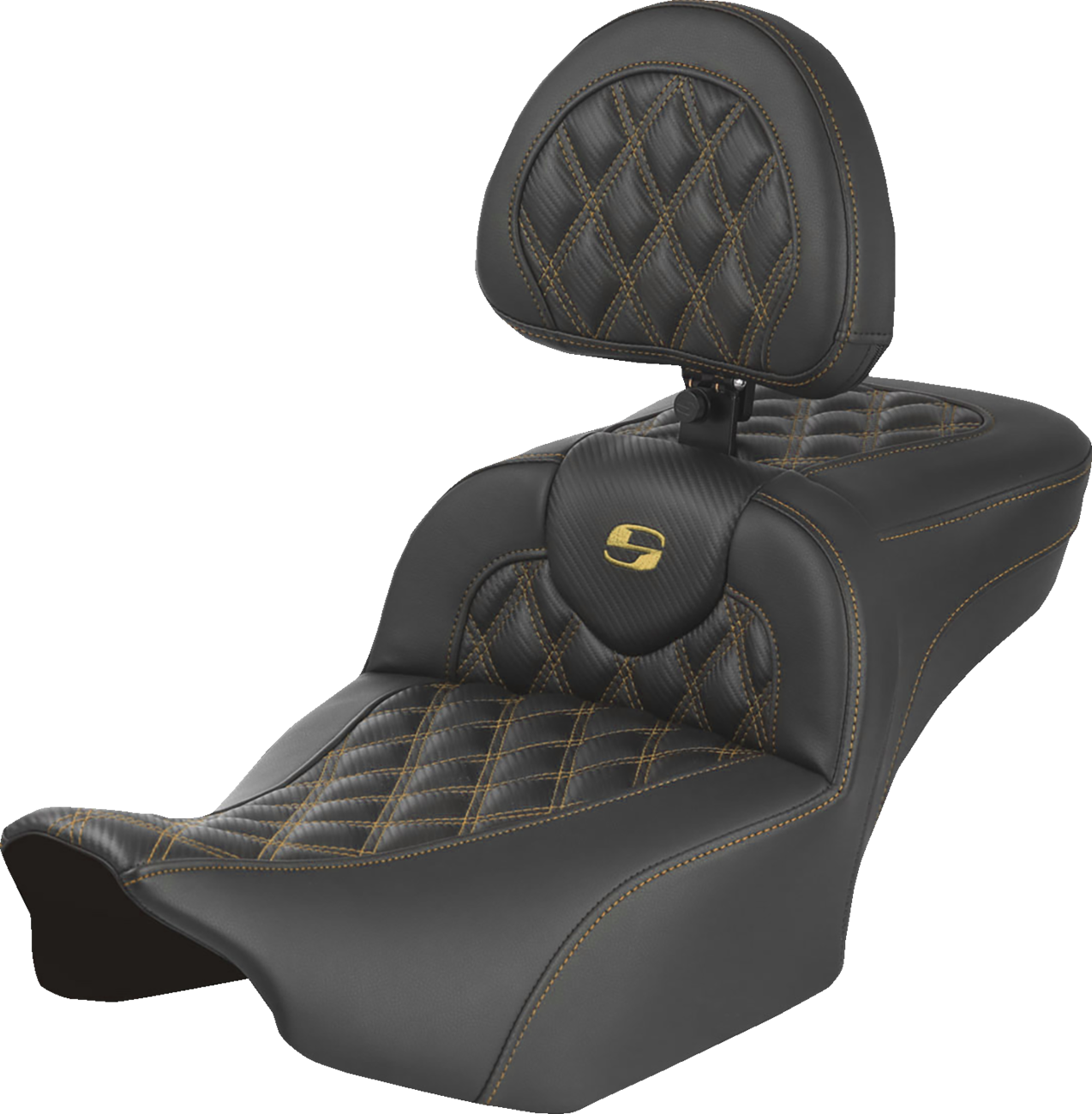 SADDLEMEN Extended Reach Roadsofa™ Seat - Carbon Fiber - with Backrest - Gold Lattice Stitch - FLH/FLT '23-'25